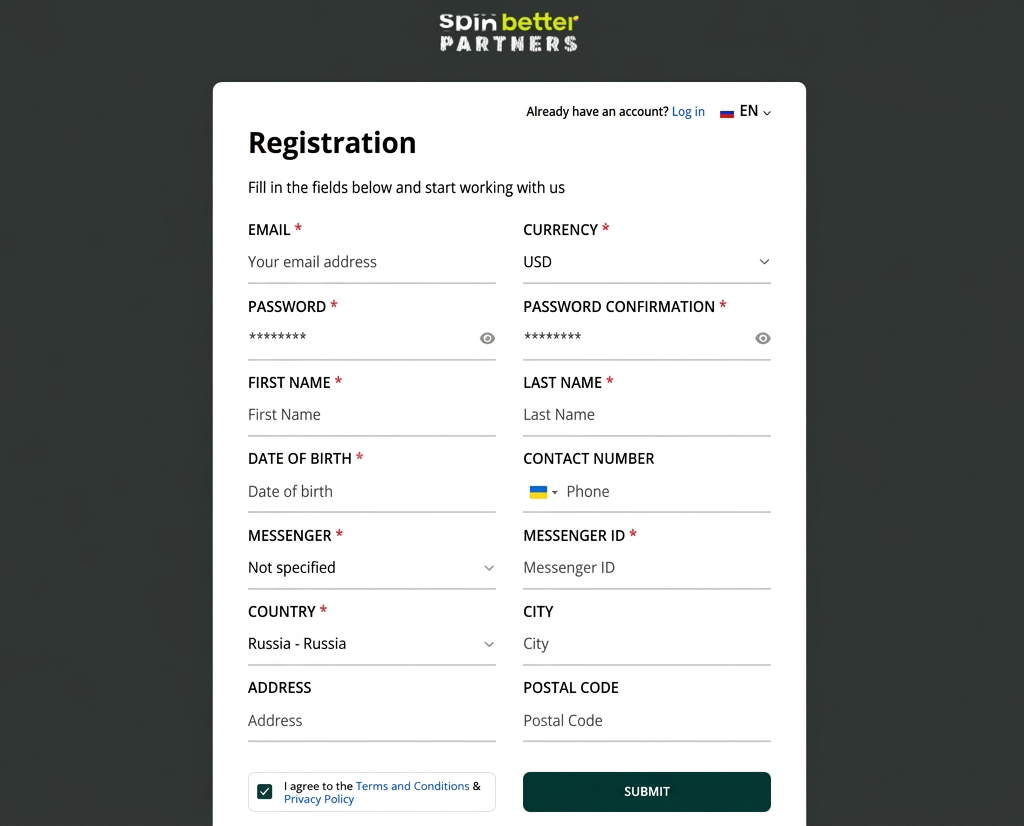SpinBetter Partners registration
