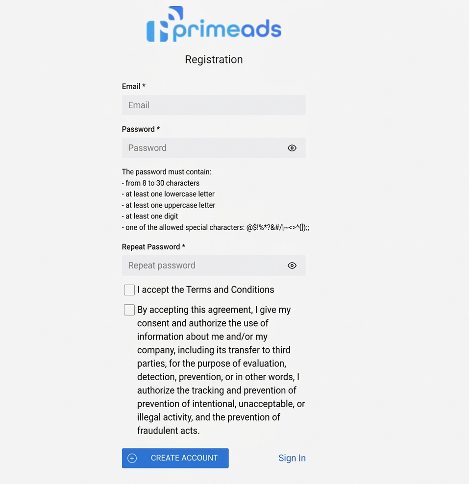 PrimeAds Registration
