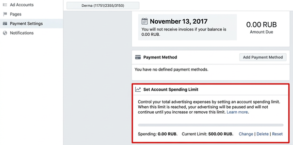 Facebook Ads Manager billing settings
