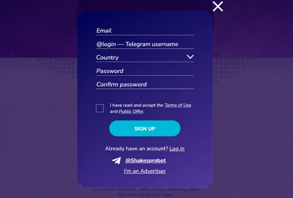Shakes.pro affiliate sign-up form