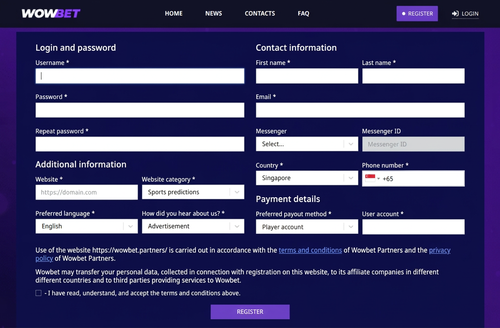 WowBet Partners registration